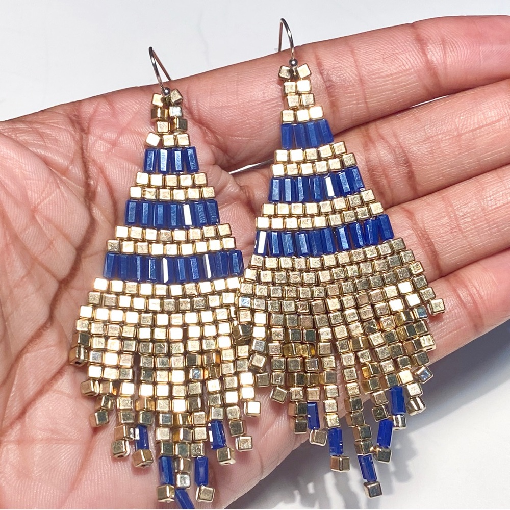 New Iridescent Navy Blue & Metallic Gold Beaded Fringe Earrings, Boho Style - Picture 6 of 14